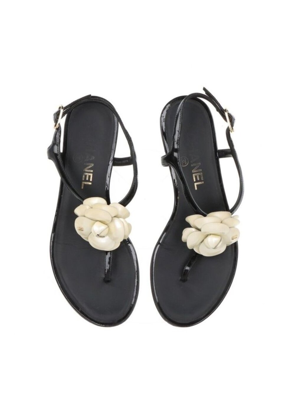 Chanel Coco Mark Camellia Patent Leather Sandals 35 C Black And Ivory - Picture 8 of 15